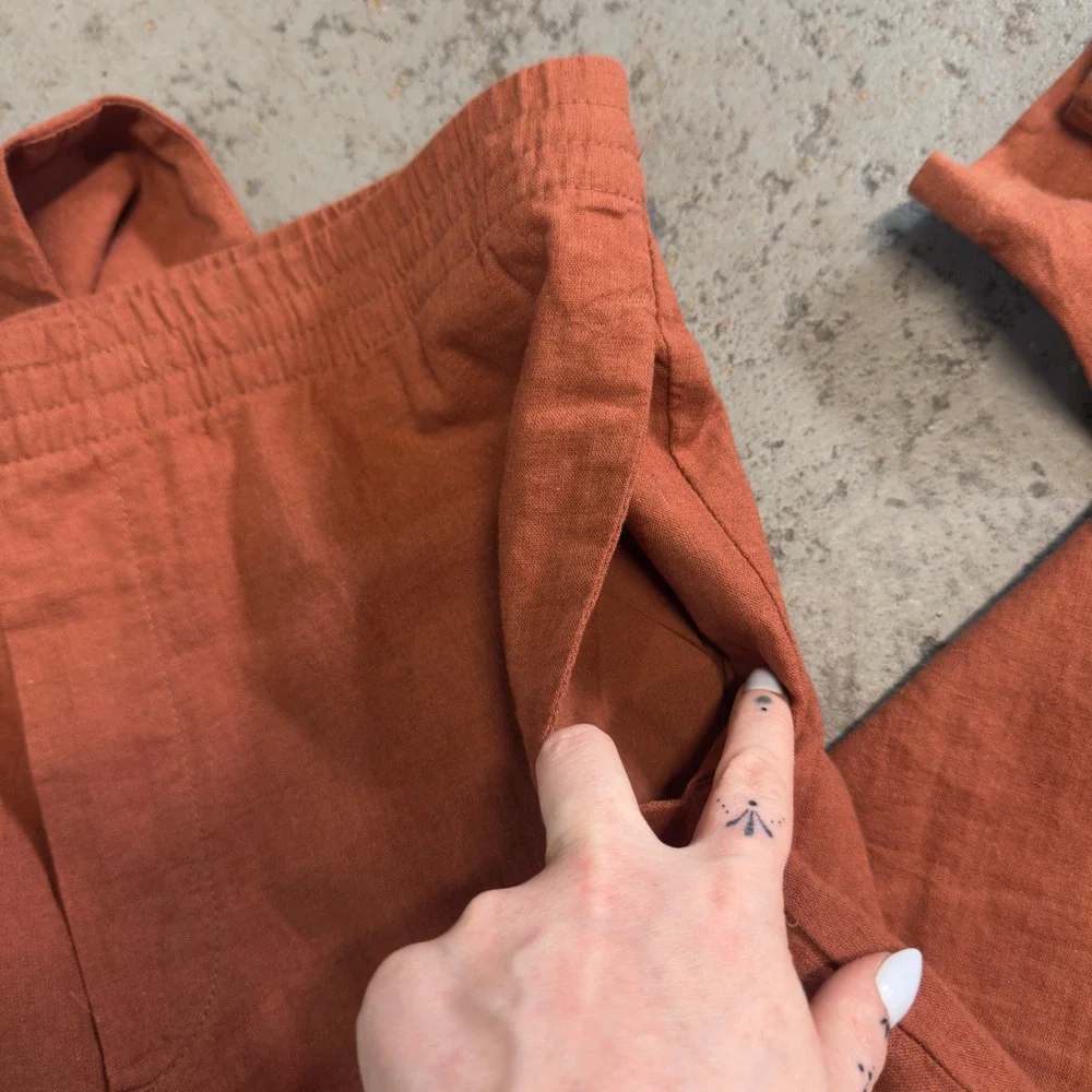 HM Mens Loose Fit Linen Blend Trousers Burnt Orange Elastic Waist Size L